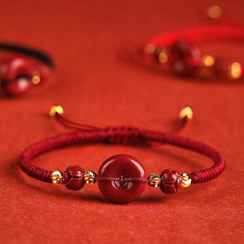 Buddha Stones Handmade Lotus Cinnabar Peace Buckle Blessing Braid Bracelet