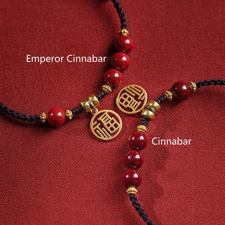 Buddha Stones Cinnabar Bead Fu Character Charm Blessing Braided String Bracelet