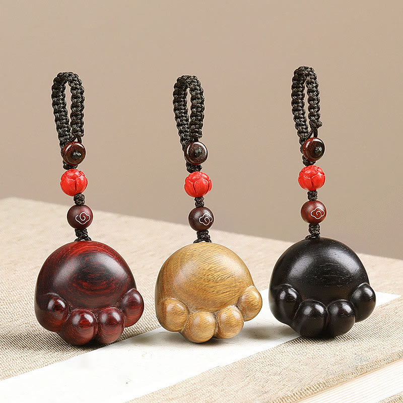 Buddha Stones Small Leaf Red Sandalwood Green Sandalwood Ebony Wood Lucky Cat Paw Claw Protection Key Chain