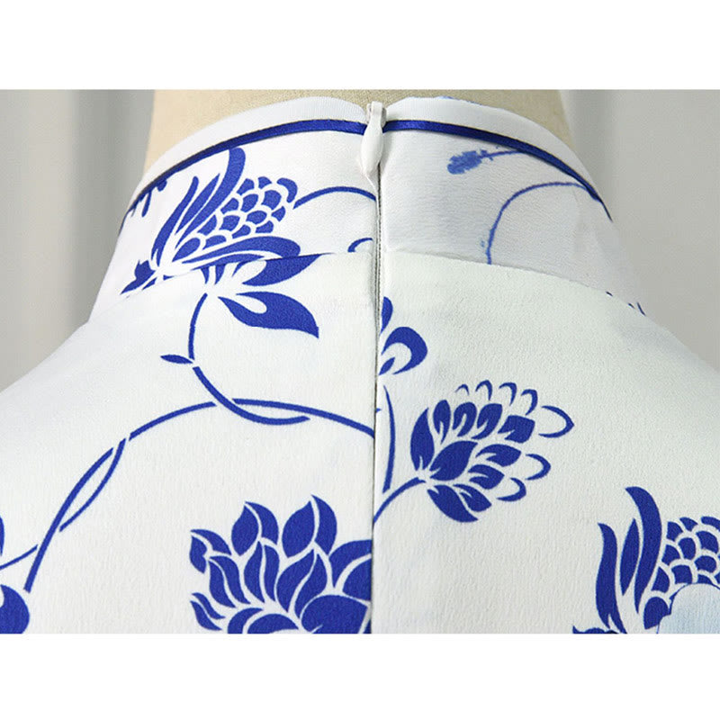 Buddha Stones Blue And White Porcelain Color Peony Flower Pattern Cheongsam Dress Women's Qipao Dress