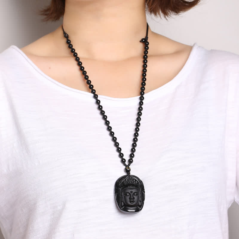 Buddha Stones Natural Black Obsidian Kwan Yin Avalokitesvara Strength String Necklace Pendant