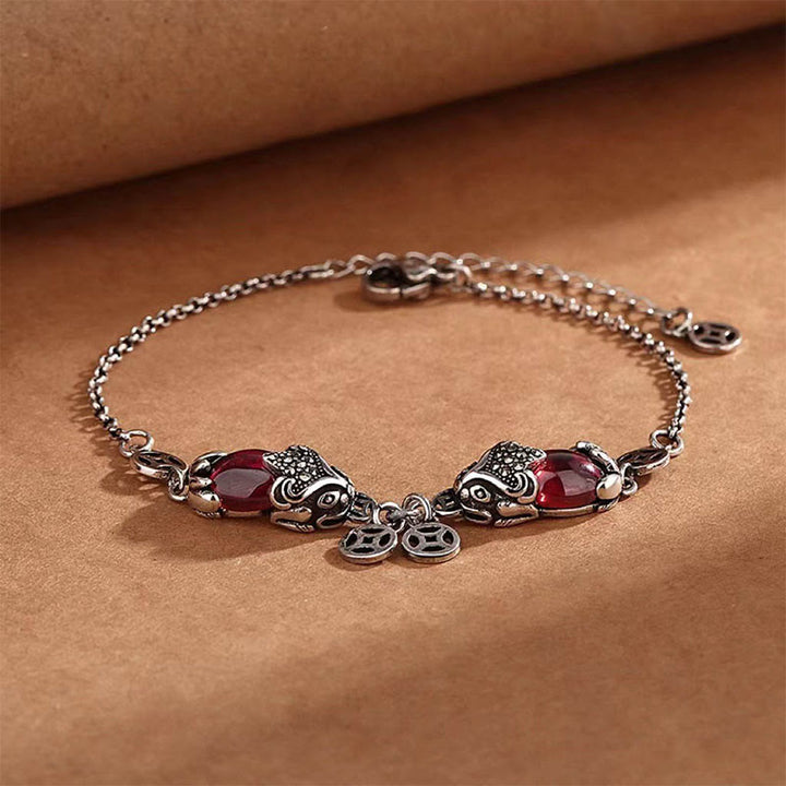 Buddha Stones Garnet Double PiXiu Copper Coin Protection Chain Bracelet