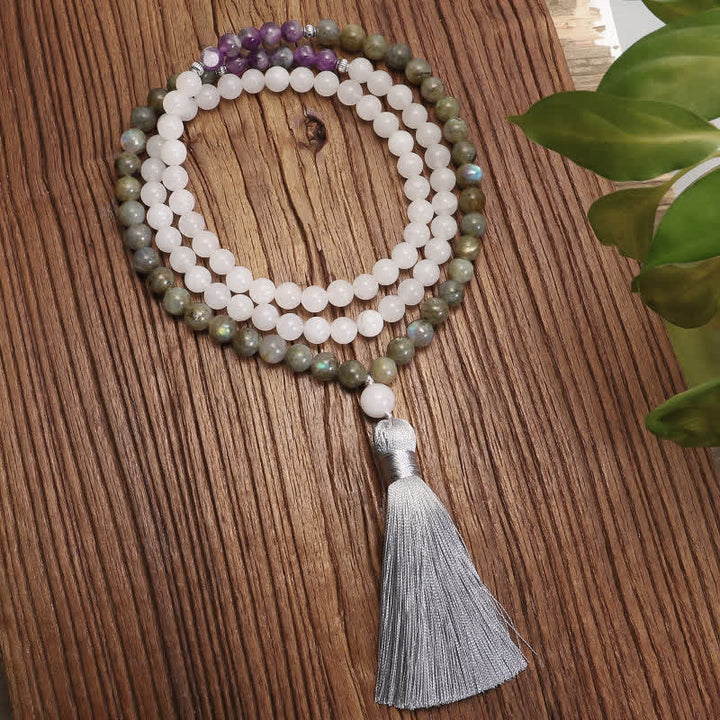 108 Mala Beads White Agate Amethyst Black Glitter Stone Protection Bracelet