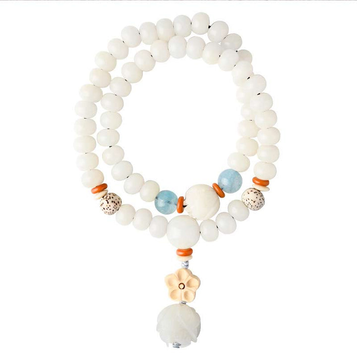 Buddha Stones Tibetan White Jade Bodhi Lotus Blessing Bracelet