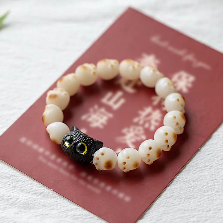 Buddha Stones Natural Bodhi Seed Red Sandalwood Lovely Paw Lucky Cat Peace Bracelet