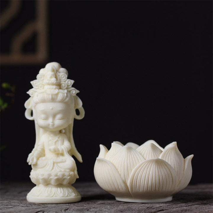 Buddha Stones Mini Ivory Fruit Kwan Yin Avalokitesvara Lotus Wealth Desk Decoration