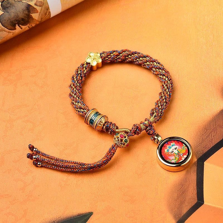 Buddha Stones Tibet Handmade Five God Of Wealth Luck Thangka Amulet Prayer Wheel Flower Charm Weave String Bracelet