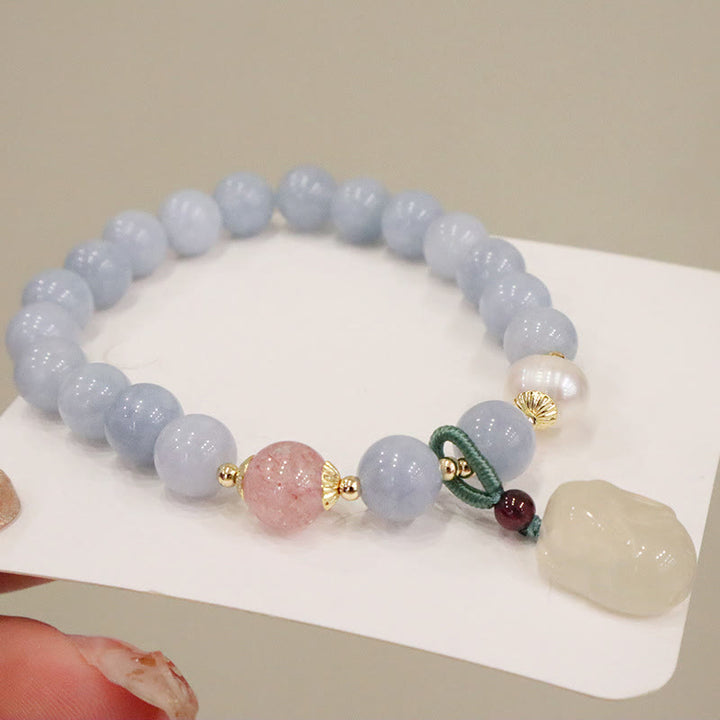 Buddha Stones Natural Aquamarine Chalcedony Serenity Rabbit Gourd Cat Charm Bracelet