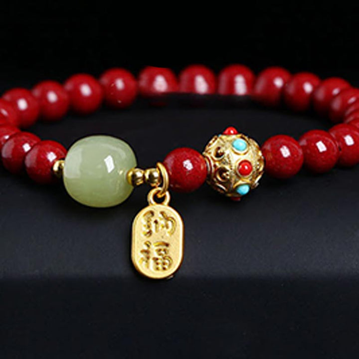 Buddha Stones Cinnabar Green Aventurine Fortune Protection Charm Bracelet