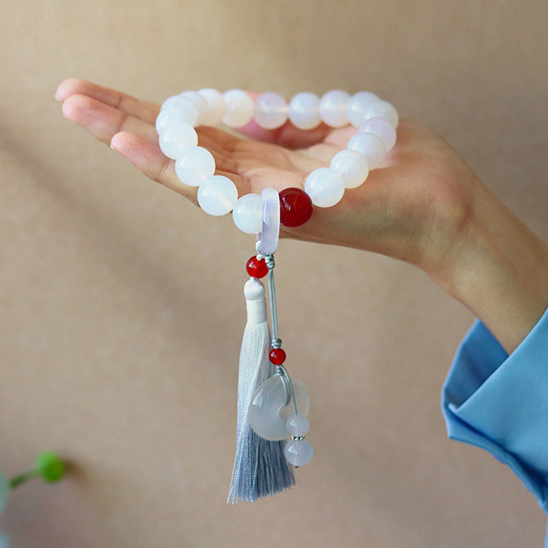 Buddha Stones White Agate Red Agate Luck Wrist Mala Tassels Pocket Mala Car Decoration