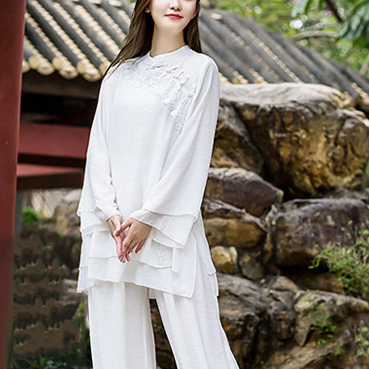 Buddha Stones 2Pcs White Flowers Yoga Clothing Meditation Clothing Top Pants Women's Set