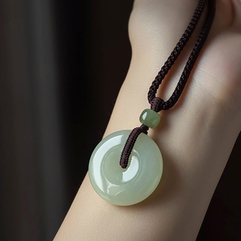 Natural Round Jade Peace Buckle Luck Prosperity Necklace Pendant