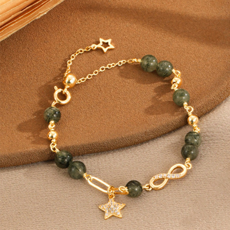 Buddha Stones 14K Gold Green Rutilated Quartz Möbius Loop Eternal Love Star Protection Bracelet