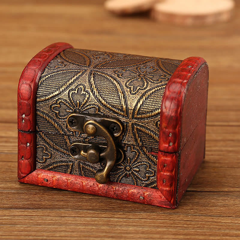 Buddha Stones Vintage Small Wood Jewelry Box Grass Flower Lotus Golden Grape Copper Coin Daffodil Jewelry Storage Box