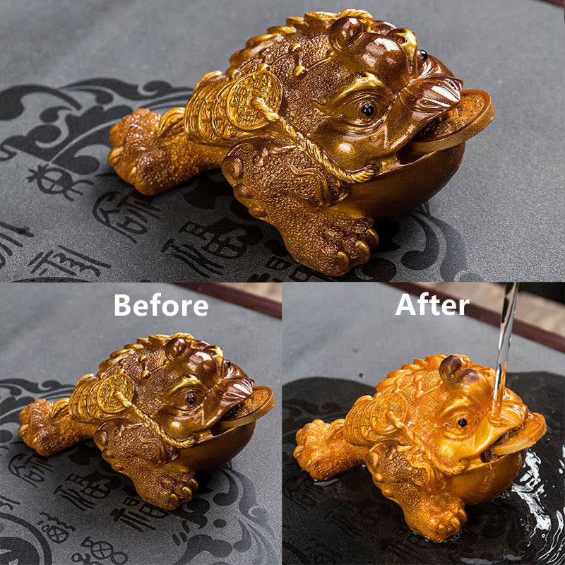 Buddha Stones Color Changing FengShui Wealth Lucky Frog Copper Coin Tea Pet Resin Figurine Decoration