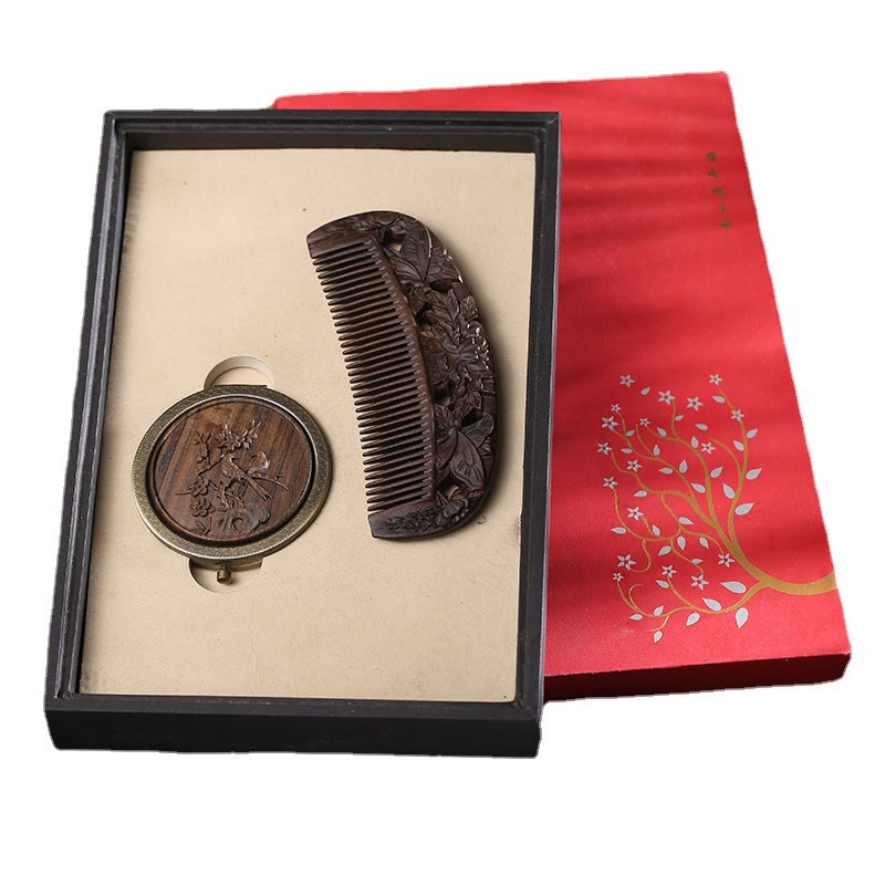 Natural Green Sandalwood Rosewood Lotus Flower Peacock Butterfly Engraved Soothing Comb