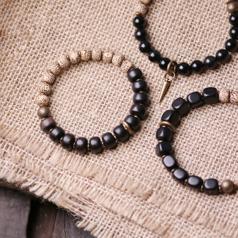 Buddha Stones Tibetan Bodhi Seed Black Obsidian Ebony Wood Copper Peace Bracelet