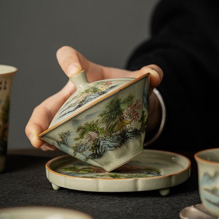 Buddha Stones Pine Mountain Forest Landscape Ceramic Gaiwan Sancai Teacup Kung Fu Tea Cup And Saucer With Lid