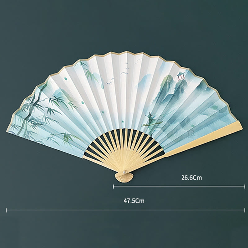 Buddha Stones Retro Lotus Flower Leaf Mountain Lake Handheld Folding Fan With Bamboo Frames