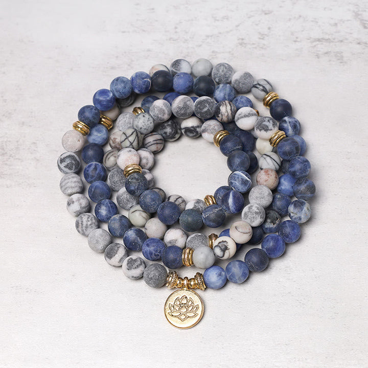 Buddha Stones 108 Natural Stone Mala Bead Lotus Pendant Bracelet