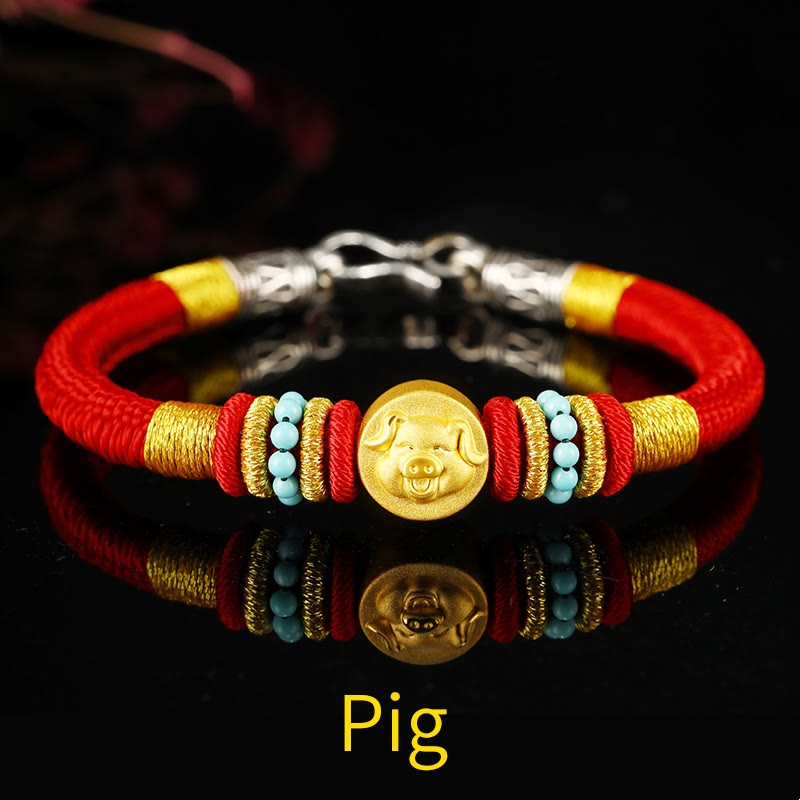 Buddha Stones 999 Gold Chinese Zodiac Om Mani Padme Hum King Kong Knot Protection Handcrafted Bracelet