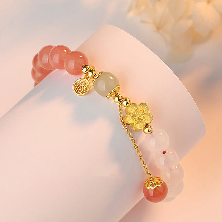 Buddha Stones 925 Sterling Silver Natural Gradient Agate Hetian Jade Fu Character Peach Blossom Flower Fortune Bracelet