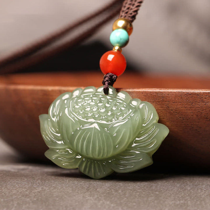 Buddha Stones Hetian Cyan Jade Lotus Flower Success Necklace Pendant