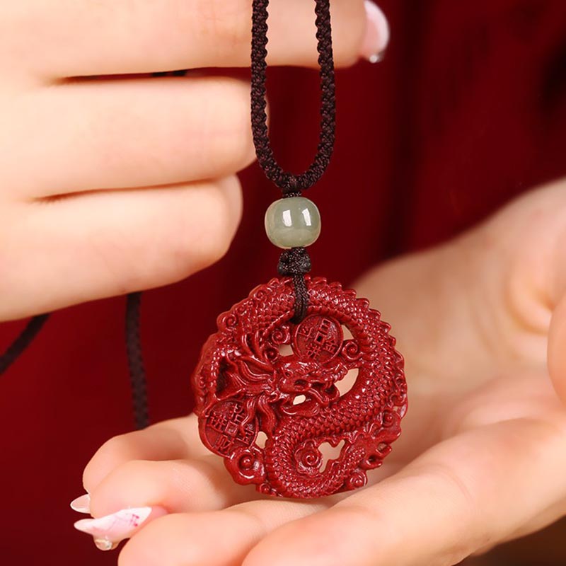 Buddha Stones Year Of The Dragon Natural Cinnabar Hetian Jade Bead Copper Coin Attract Wealth Strength Necklace Pendant