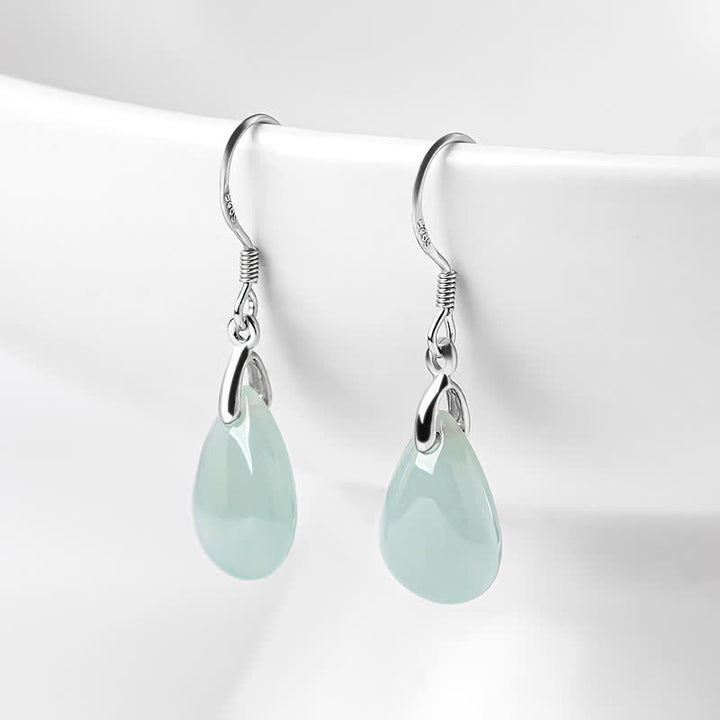 Buddha Stones 925 Sterling Silver Jade Water Drop Pattern Luck Prosperity Dangle Earrings