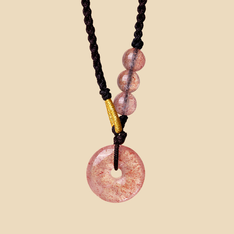 Buddha Stones Strawberry Quartz Chalcedony Peace Buckle Healing Necklace Pendant