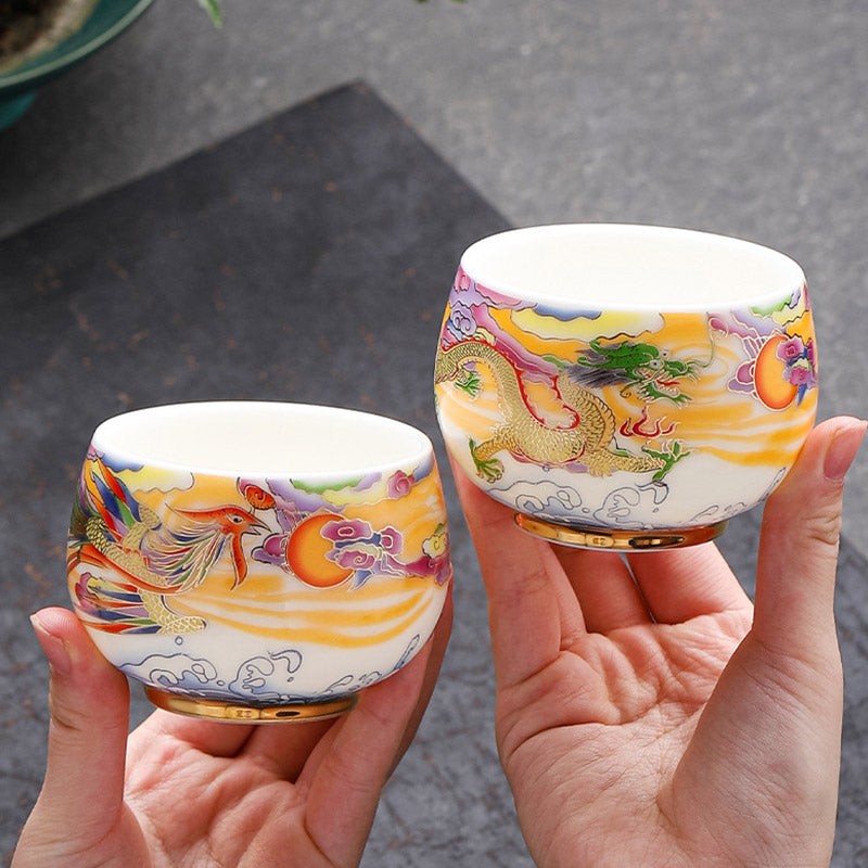 Buddha Stones Dragon Phoenix Auspicious Clouds Sun Ocean Waves Ceramic Teacup Kung Fu Tea Cup