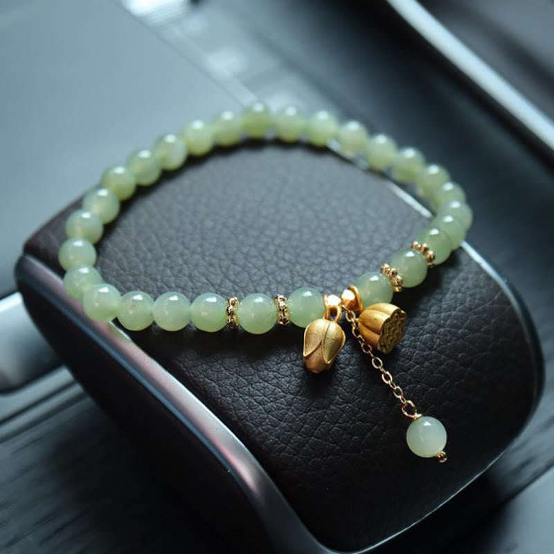 Buddha Stones 925 Sterling Silver Plated Gold Natural Hetian Jade Bead Gourd Lotus Bamboo Fu Character Luck Bracelet