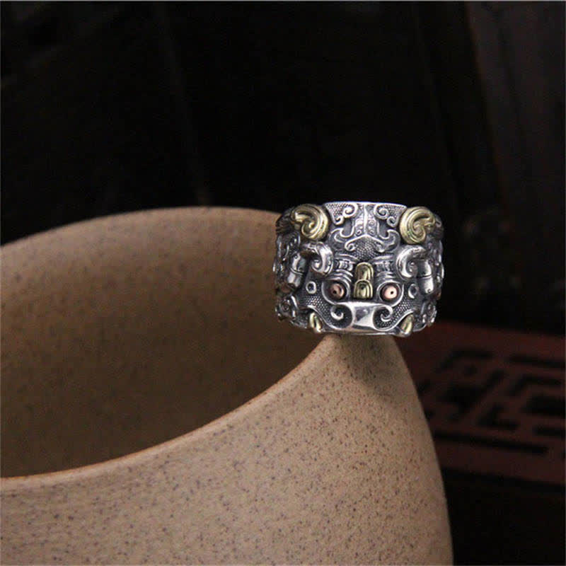 925 Sterling Silver Fengshui Kui Cattle Protection Adjustable Ring