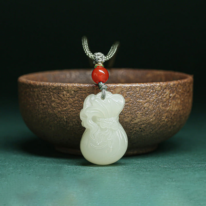 Buddha Stones Natural Hetian Jade Money Bag Wealth Necklace Pendant Key Chain Phone Hanging Decoration