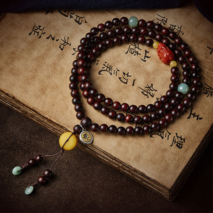 Buddha Stones Chinese Zodiac Natal Buddha 108 Mala Beads Small Leaf Red Sandalwood Red Agate PiXiu Protection Bracelet