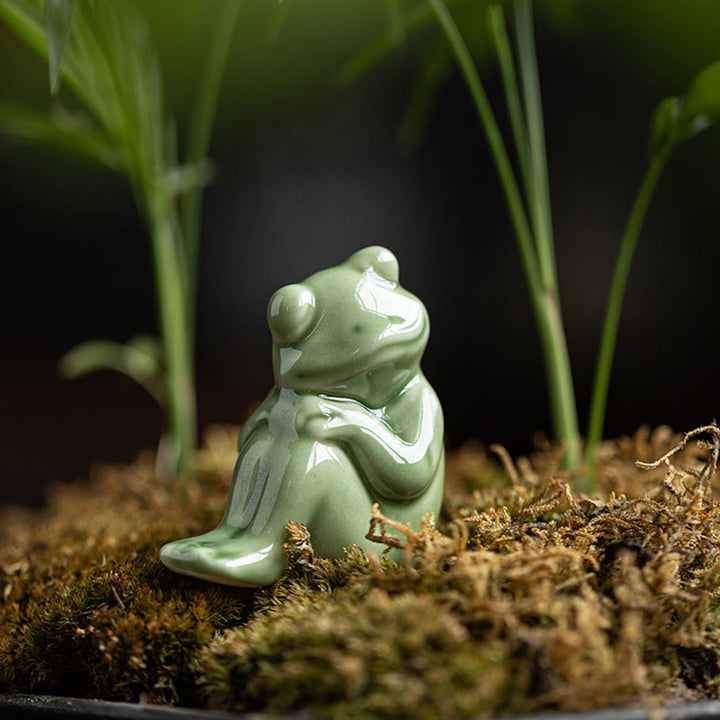 Buddha Stones Mini Small Meditation Lotus Resting Frog Ceramic Wealth Luck Home Tea Pet Figurine Decoration