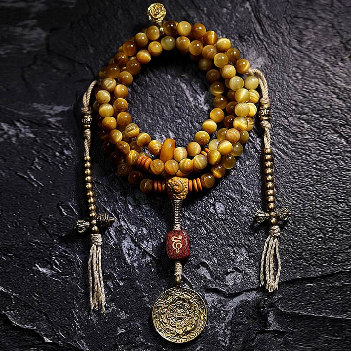 Buddha Stones 108 Mala Beads Natural Tiger Eye Copper Dorje Protection Tassel Bracelet