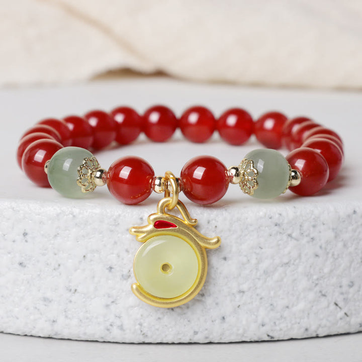 Buddha Stones Year of the Dragon Red Agate Jade Peace Buckle Fu Character Success Bracelet