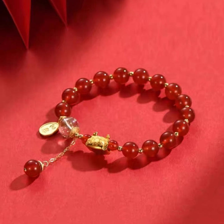 Buddha Stones Year of the Dragon Dumpling Natural Red Agate Garnet Hetian Jade Fu Character Luck Success Bracelet