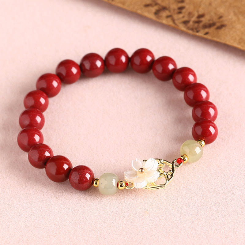 Buddha Stones Natural Cinnabar Jade Beaded Tridacna Stone Flower Blessing Bracelet