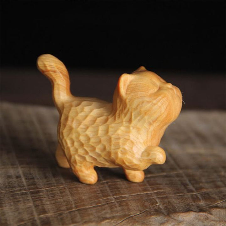 Buddha Stones Mini Thuja Sutchuenensis Boxwood Cute Cat Kitten Carved Prosperity Decoration