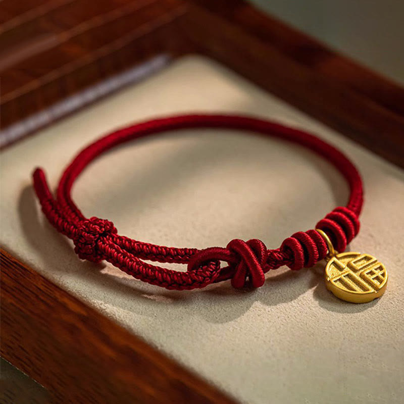 Buddha Stones Handmade Eight Thread Peace Knot Fu Character Charm Luck Happiness Red Rope Bracelet