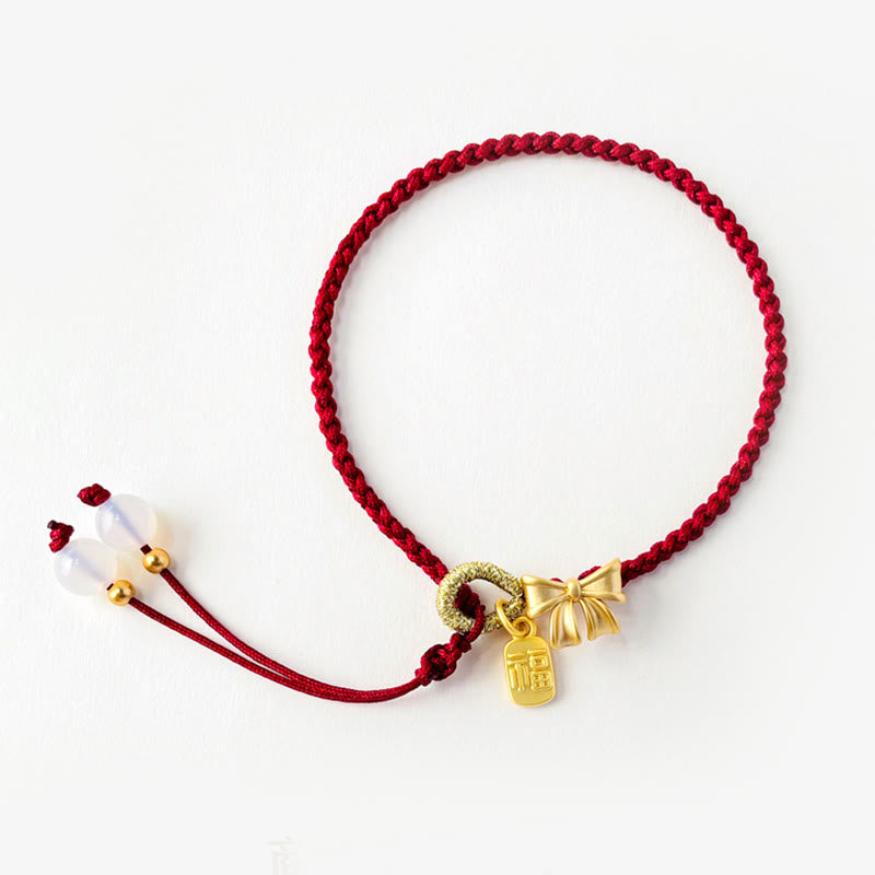 Buddha Stones Handmade Peach Blossom Rosette Bow Knot Fu Character Charm Luck Fortune Red Rope Bracelet