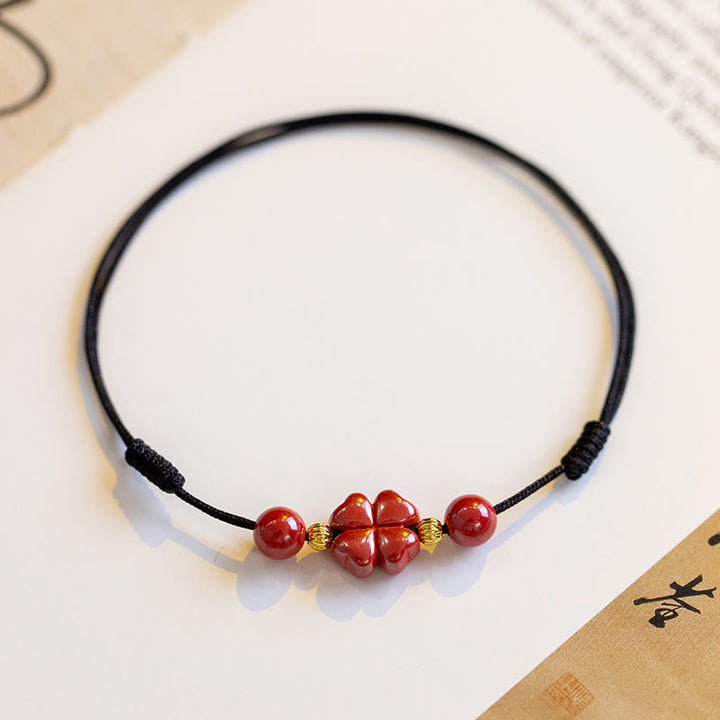 Buddha Stones Four Leaf Clover Cinnabar Blessing Calm String Bracelet Anklet