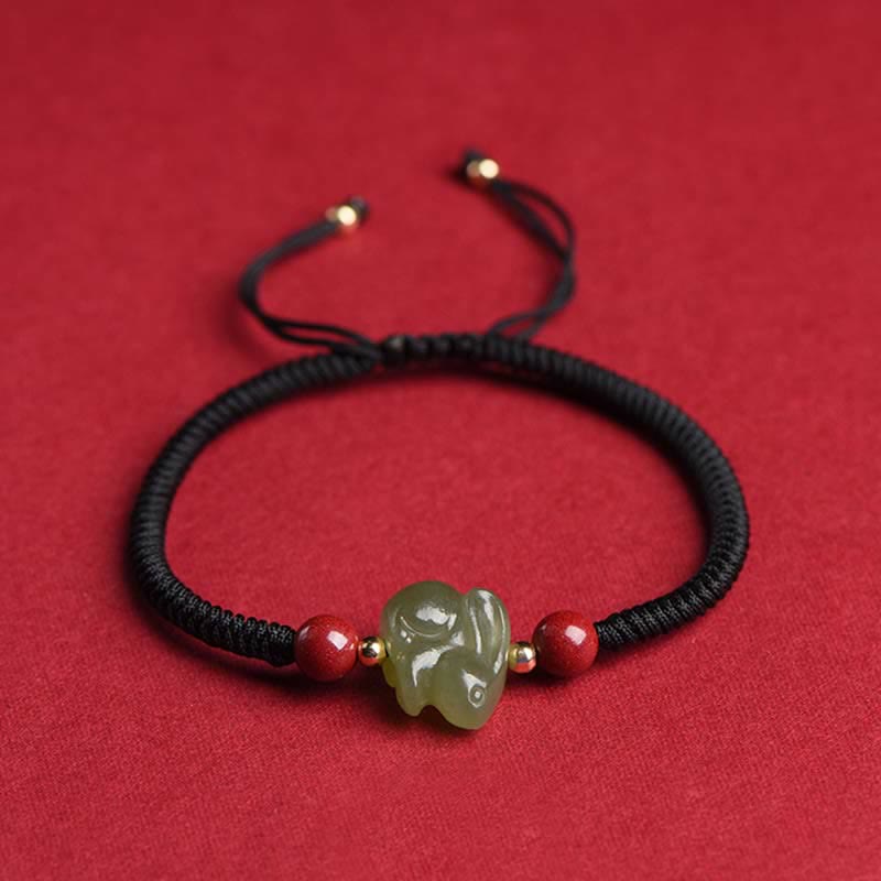 Year of the Rabbit Hetian Jade Bunny Cinnabar Beaded Abundance String Bracelet