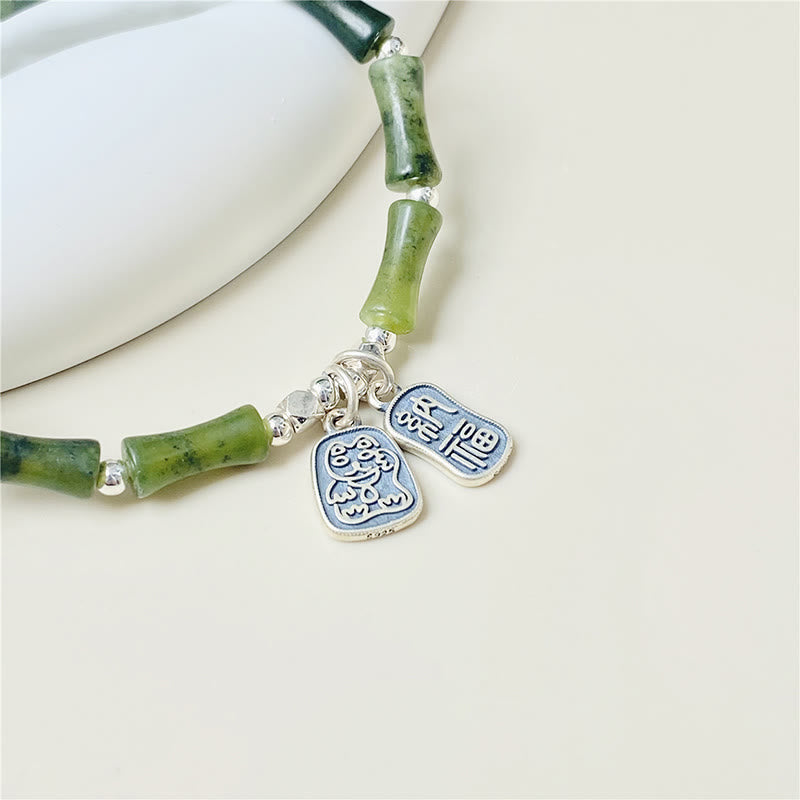 Buddha Stones 925 Sterling Silver Bamboo Jade Lucky Cat Fu Character Luck Abundance Bracelet