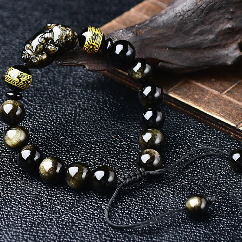 Buddha Stones Natural Gold Sheen Obsidian PiXiu Om Mani Padme Hum Wealth Braided Bracelet