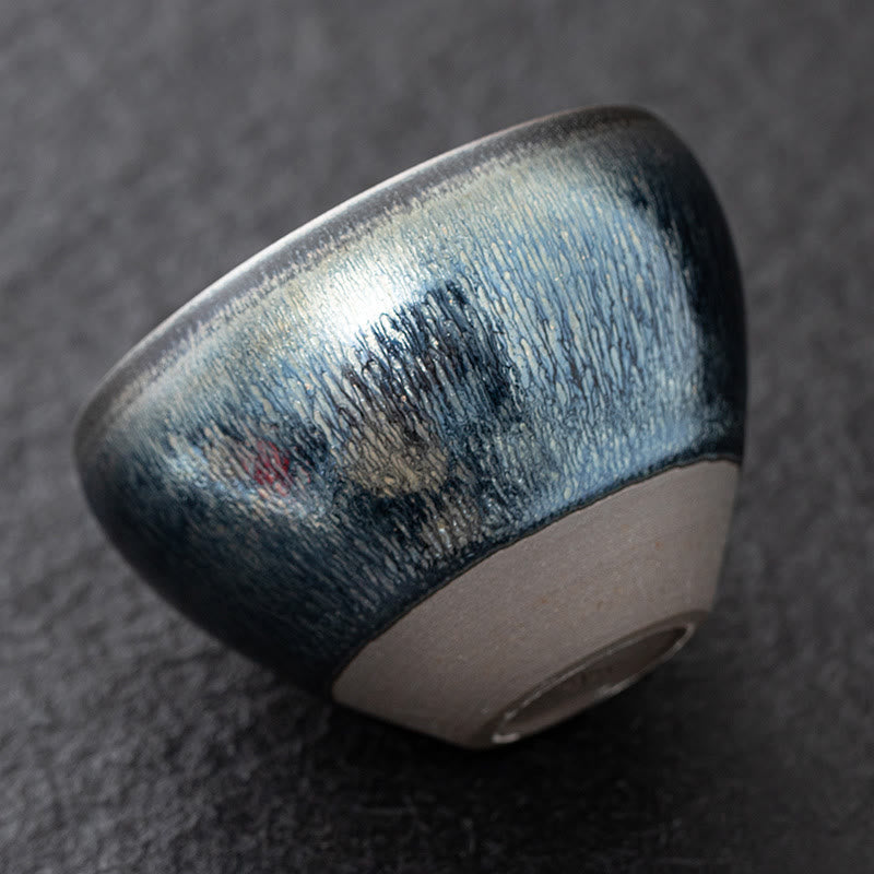 Buddha Stones Vintage Chinese Silver Blue Jianzhan Kiln Change Porcelain Teacup Kung Fu Tea Cup