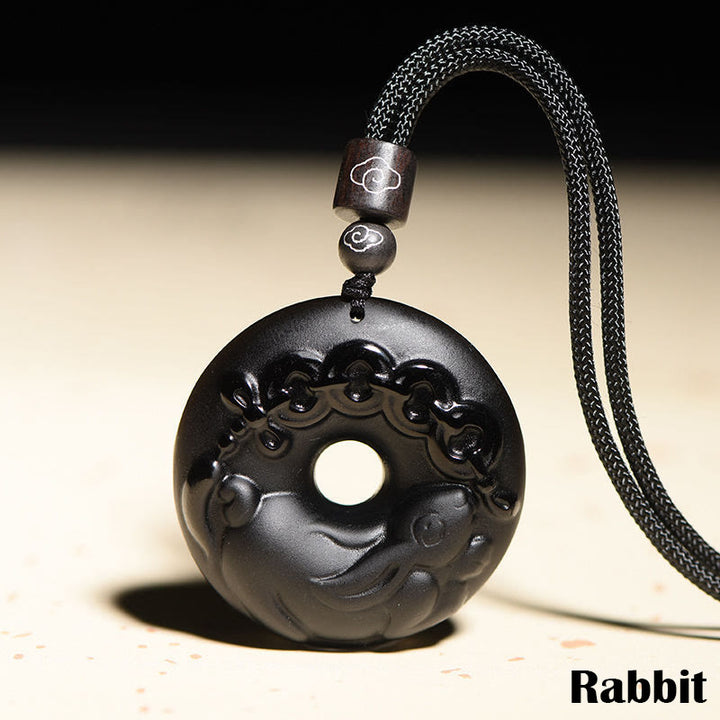 Buddha Stones Chinese Zodiac Natural Black Obsidian Peace Buckle Strength Necklace Pendant