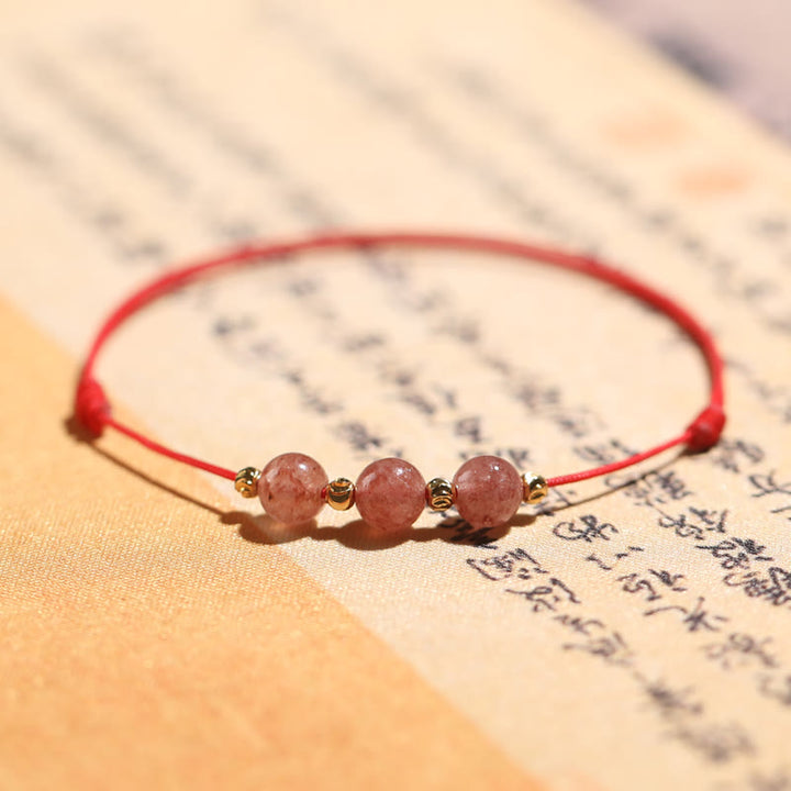 Buddha Stones Natural Strawberry Quartz Crystal Love Red String Weave Bracelet Anklet